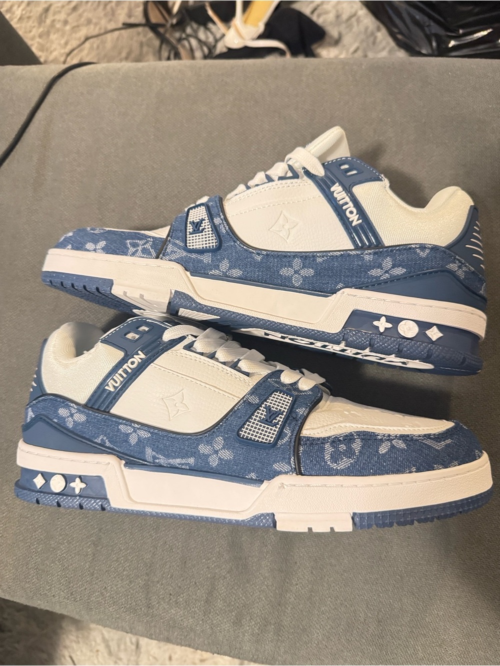 Louis Vuitton White and Blue Monogram Kids Sneakers